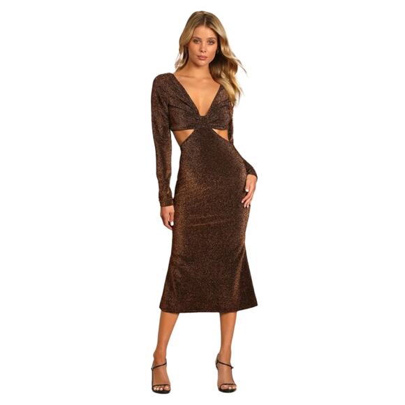 Lulus Sparks of Love Metallic Bronze Cutout Long Sleeve Midi Dress, Size XL, NWT - Picture 1 of 6